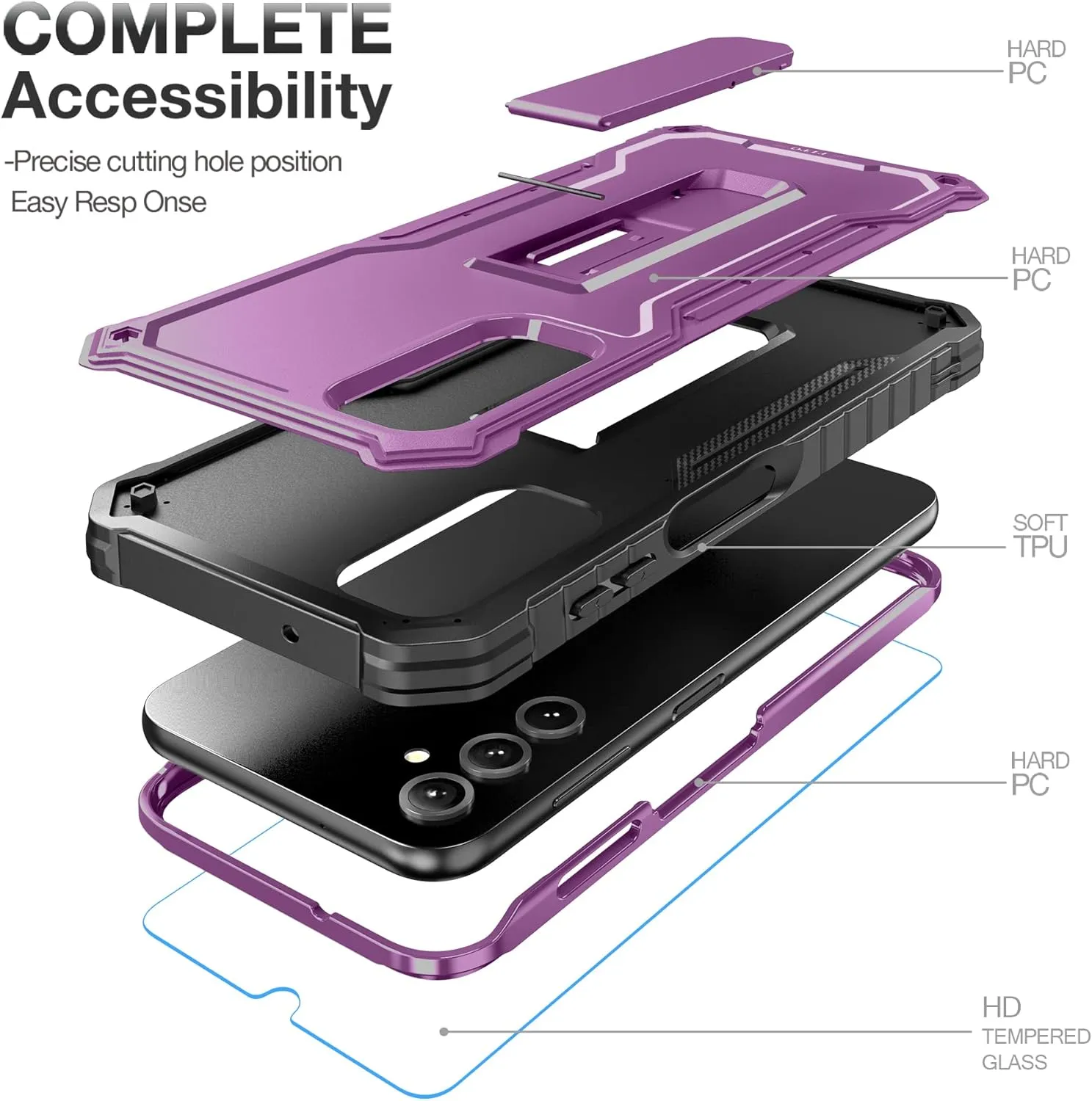 FITO for Samsung Galaxy A14 5G Case, Dual Layer Shockproof Heavy Duty Case for Samsung A14 Phone with a Glass Screen Protector, Built in Kickstand (Purple)