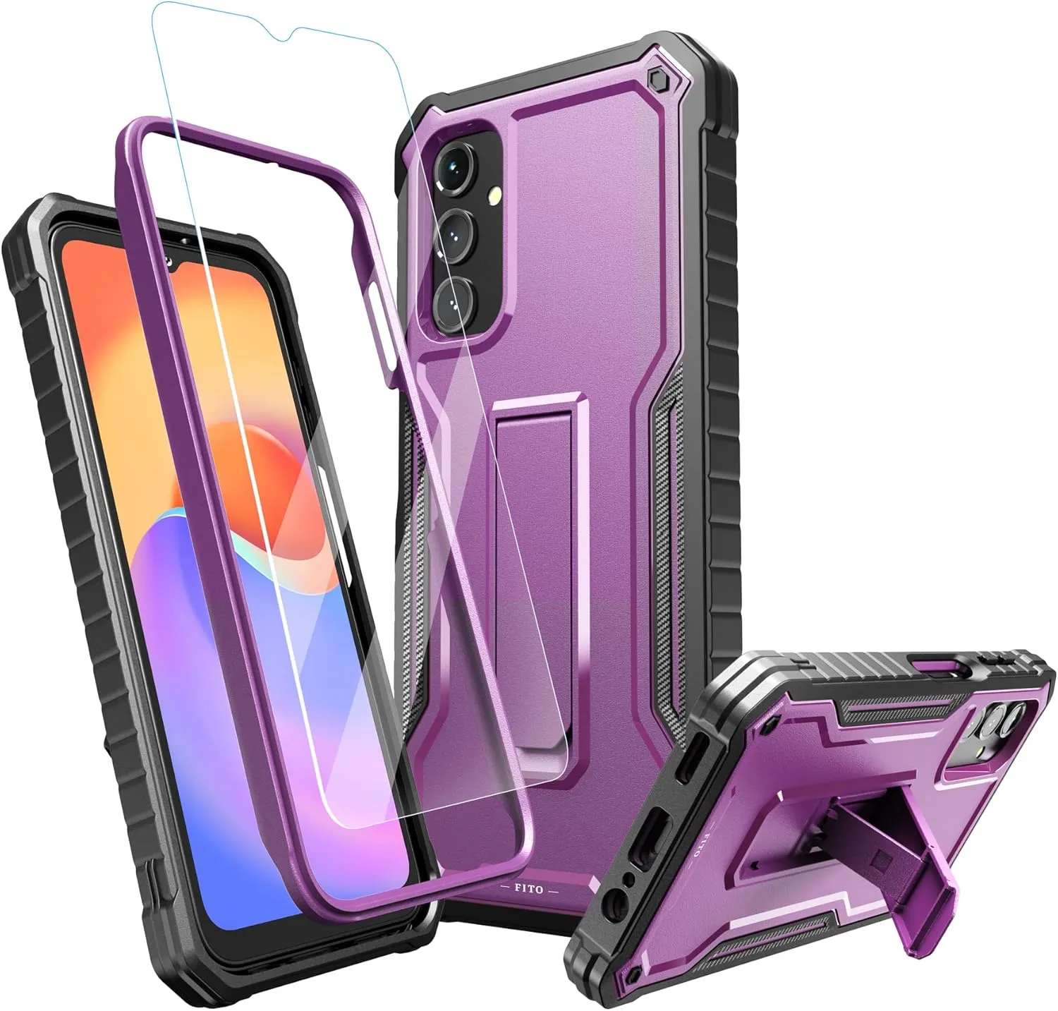 FITO for Samsung Galaxy A14 5G Case, Dual Layer Shockproof Heavy Duty Case for Samsung A14 Phone with a Glass Screen Protector, Built in Kickstand (Purple)