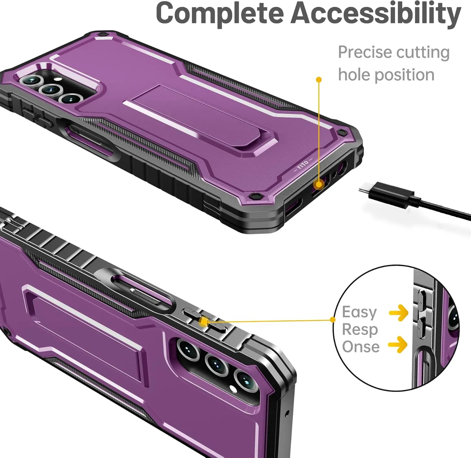 FITO for Samsung Galaxy A14 5G Case, Dual Layer Shockproof Heavy Duty Case for Samsung A14 Phone with a Glass Screen Protector, Built in Kickstand (Purple)