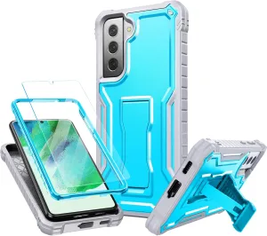 FITO for Samsung Galaxy S21 FE Case, Dual Layer Shockproof Heavy Duty Case for Samsung S21 FE 5G Phone with Screen Protector, Built-in Kickstand (Blue)