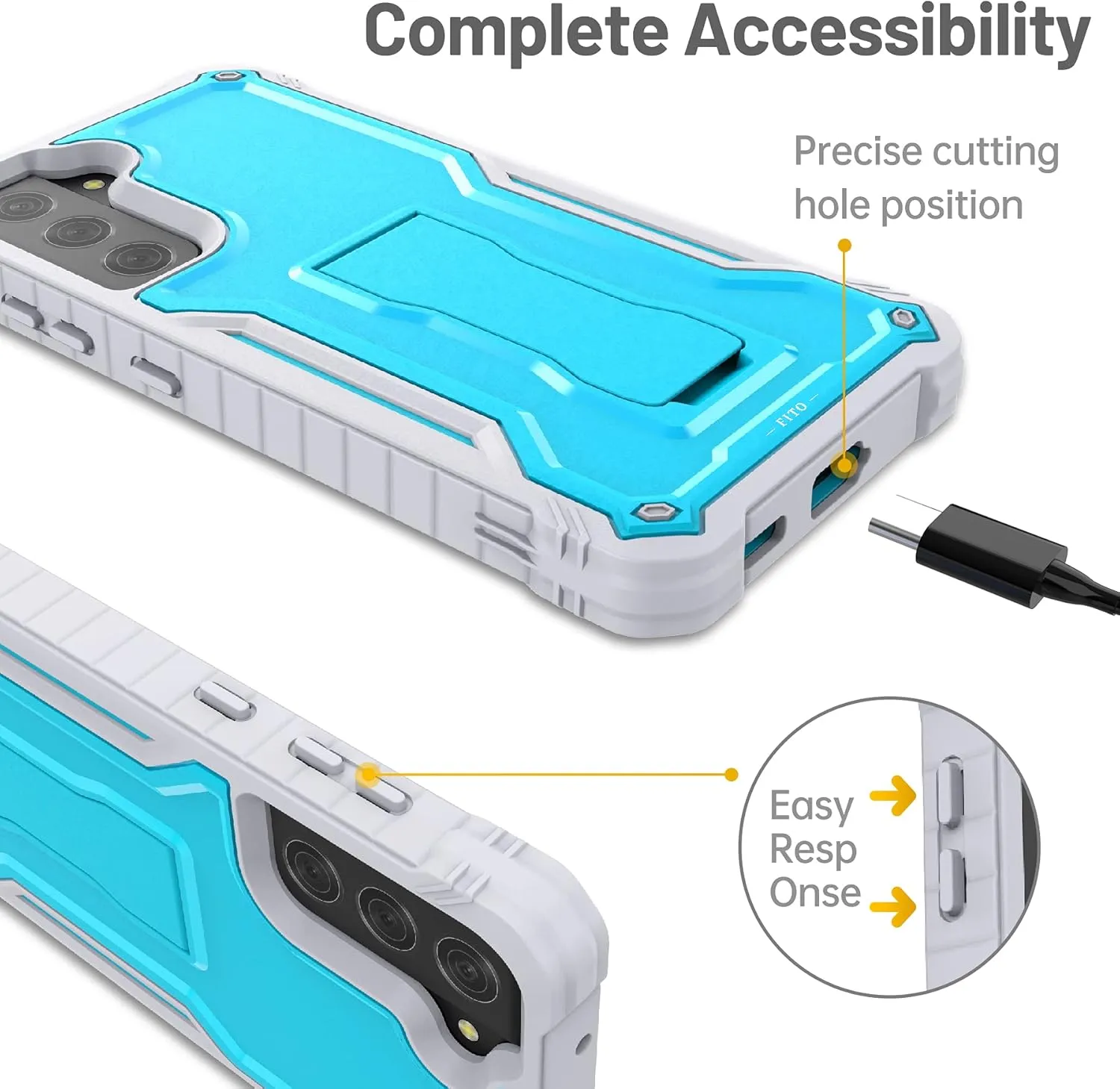FITO for Samsung Galaxy S21 FE Case, Dual Layer Shockproof Heavy Duty Case for Samsung S21 FE 5G Phone with Screen Protector, Built-in Kickstand (Blue)