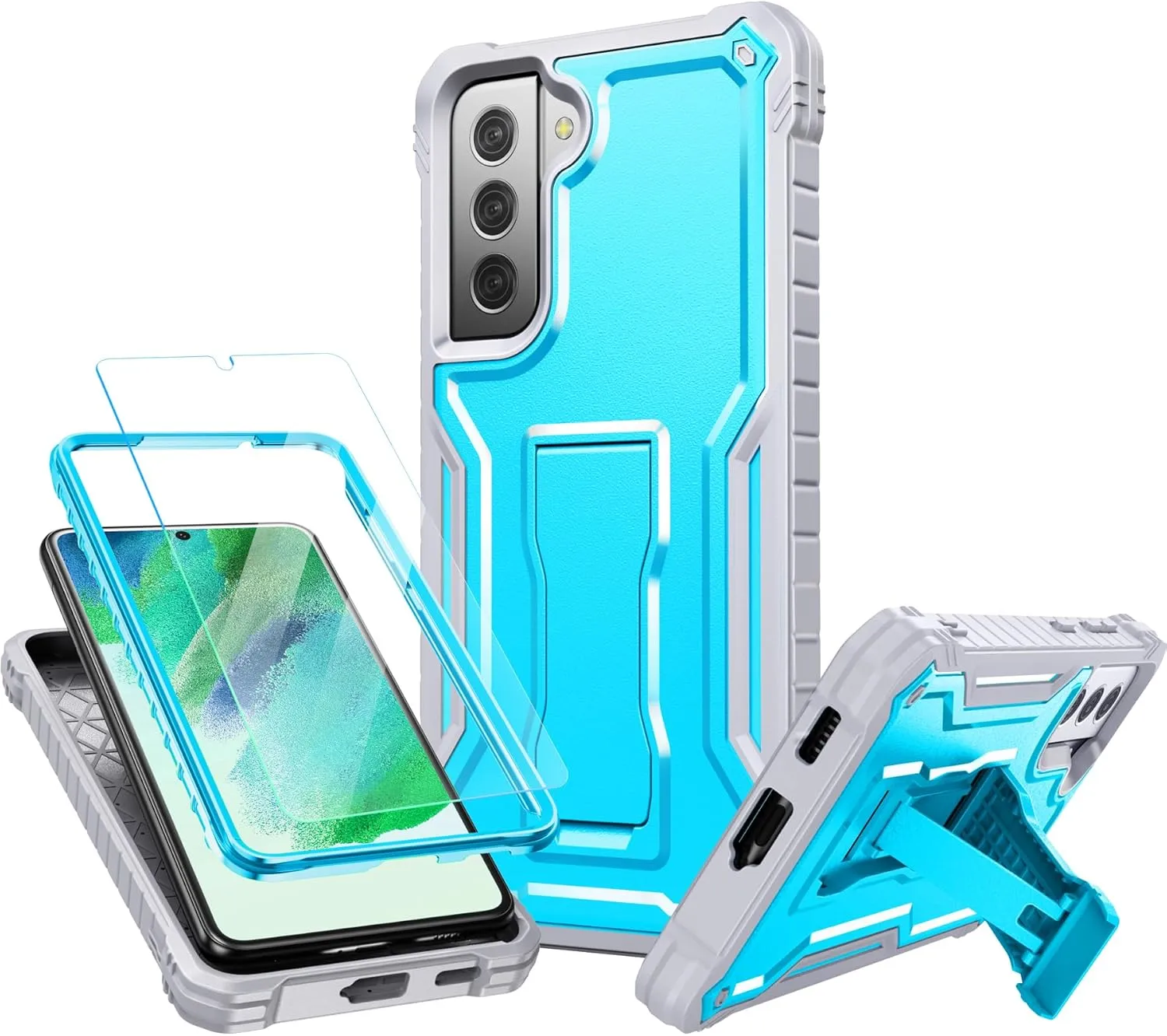 FITO for Samsung Galaxy S21 FE Case, Dual Layer Shockproof Heavy Duty Case for Samsung S21 FE 5G Phone with Screen Protector, Built-in Kickstand (Blue)