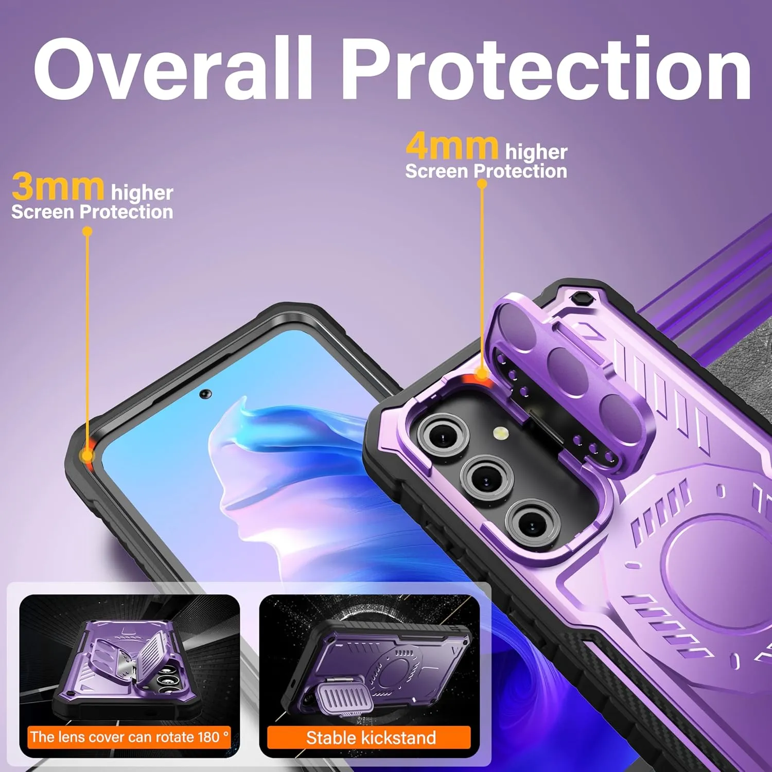 FITO for Samsung Galaxy S23 FE Case with Screen Protector, Military Grade Shockproof Phone Case with Camera Cover and Kickstand (Purple)