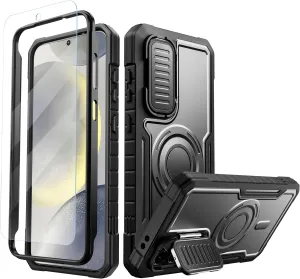 FITO for Samsung Galaxy S24 FE Case with Screen Protector, Military Grade Shockproof Phone Case with Camera Cover and Kickstand (Black)