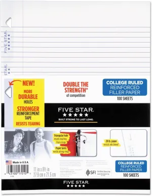 Five Star Filler Paper, College Ruled, Reinforced, Loose Leaf Paper, 11 x 8.5", 100 Sheets/Pack Pack Of 3, 17010