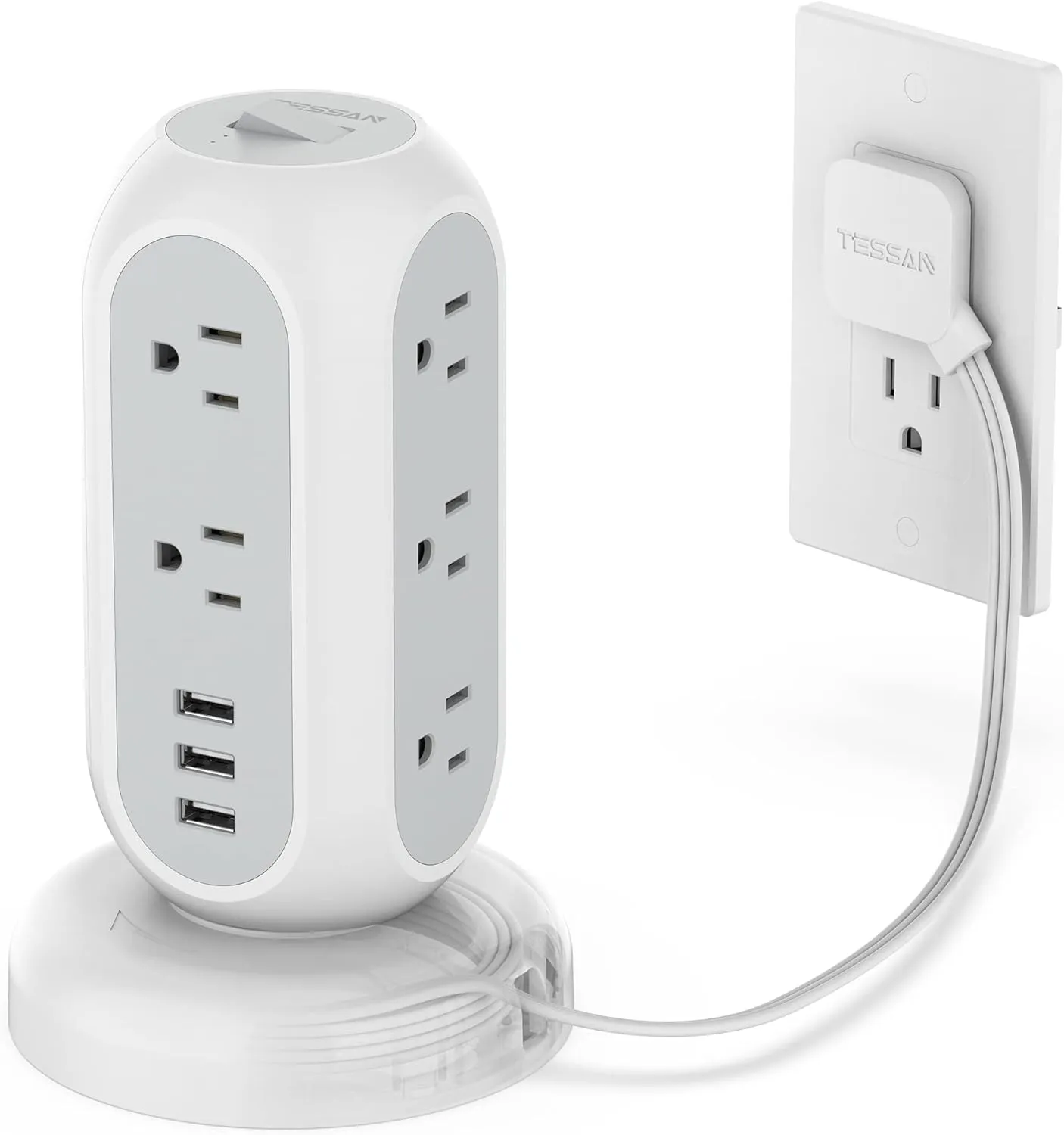 Flat Plug Power Strip Tower, TESSAN Ultra Thin Retractable Extension Cord 5 FT, Surge Protector 11 Outlets with 3 USB Charging Station, 1050J, Office Supplies, Desk Accessories, Dorm Essentials