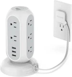 Flat Plug Power Strip Tower, TESSAN Ultra Thin Retractable Extension Cord 5 FT, Surge Protector 11 Outlets with 3 USB Charging Station, 1050J, Office Supplies, Desk Accessories, Dorm Essentials