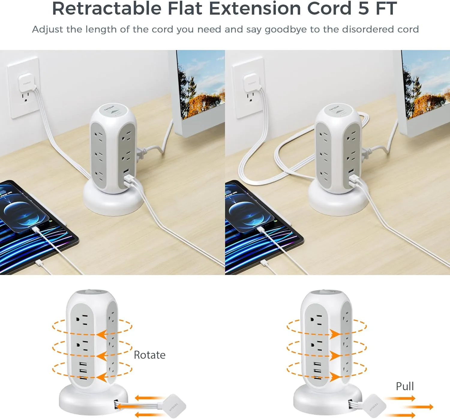 Flat Plug Power Strip Tower, TESSAN Ultra Thin Retractable Extension Cord 5 FT, Surge Protector 11 Outlets with 3 USB Charging Station, 1050J, Office Supplies, Desk Accessories, Dorm Essentials