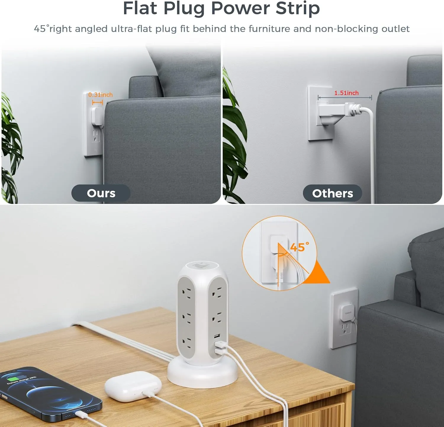 Flat Plug Power Strip Tower, TESSAN Ultra Thin Retractable Extension Cord 5 FT, Surge Protector 11 Outlets with 3 USB Charging Station, 1050J, Office Supplies, Desk Accessories, Dorm Essentials