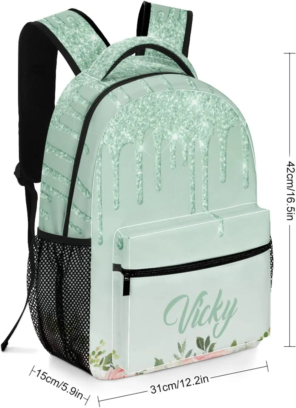 Floral Mint Green Glitter Drips Custom Kids Backpack 16.5 Inch for Boy Girl, Personalized Waterproof Child School Travel Bag with Name