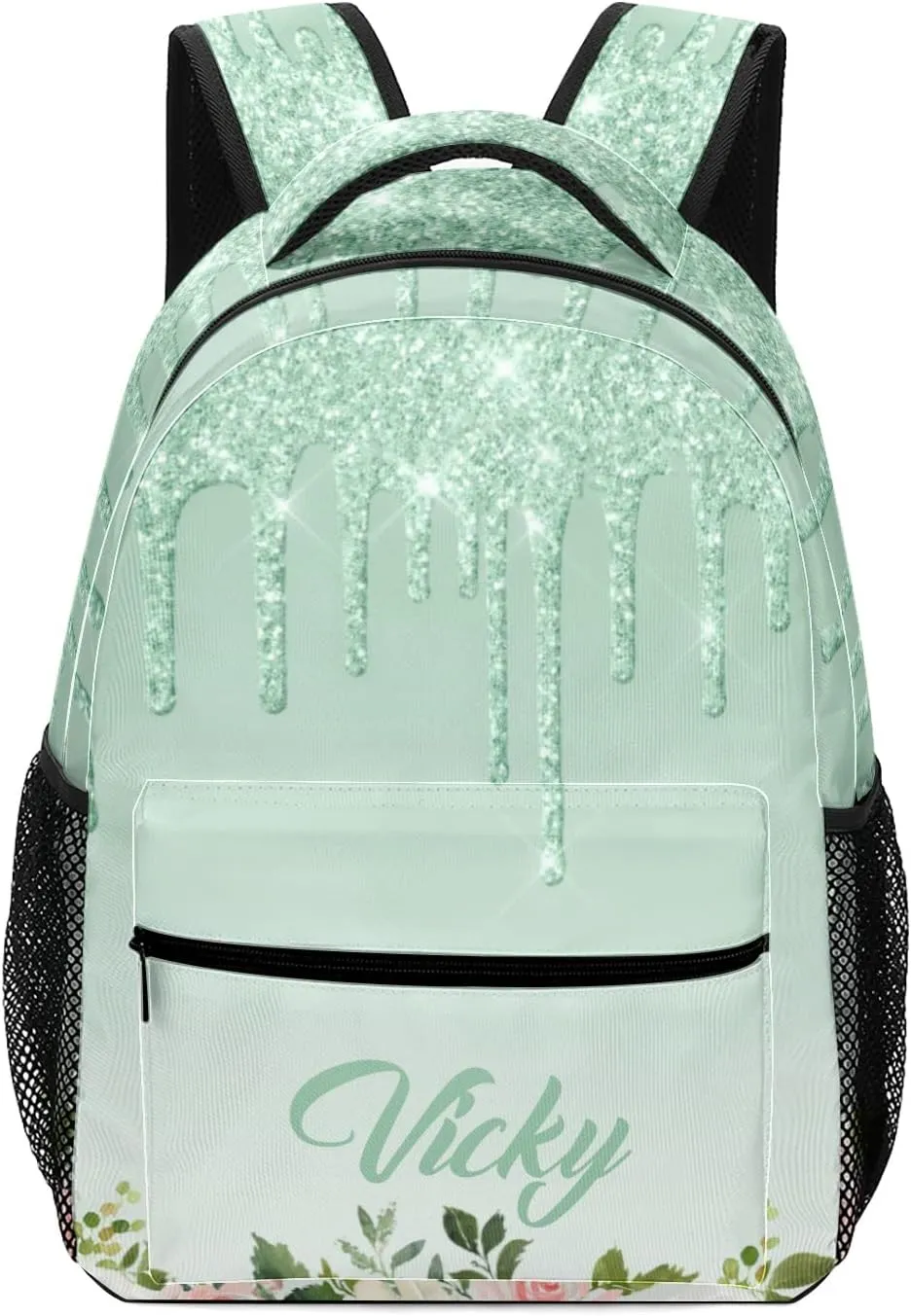 Floral Mint Green Glitter Drips Custom Kids Backpack 16.5 Inch for Boy Girl, Personalized Waterproof Child School Travel Bag with Name