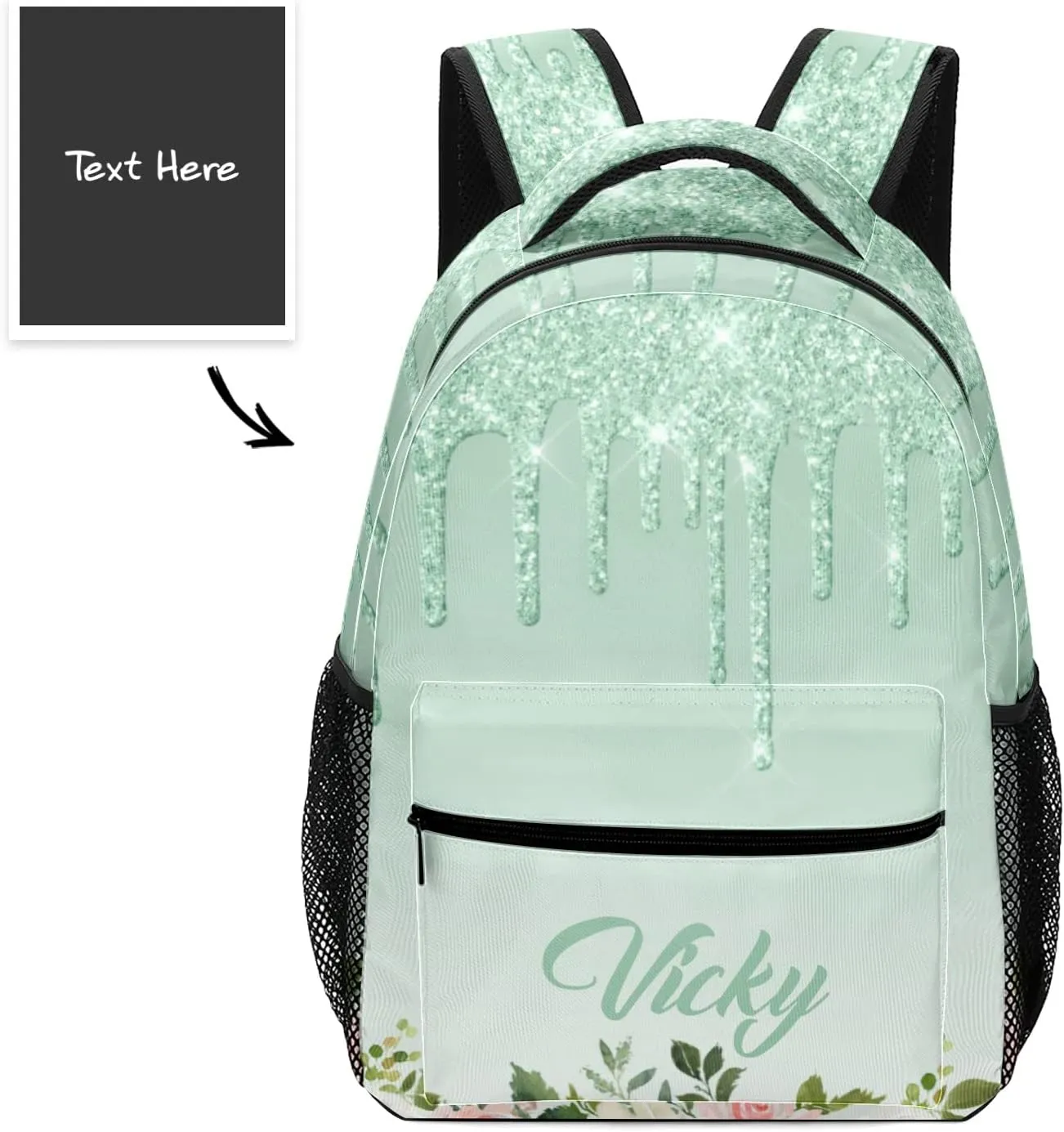 Floral Mint Green Glitter Drips Custom Kids Backpack 16.5 Inch for Boy Girl, Personalized Waterproof Child School Travel Bag with Name