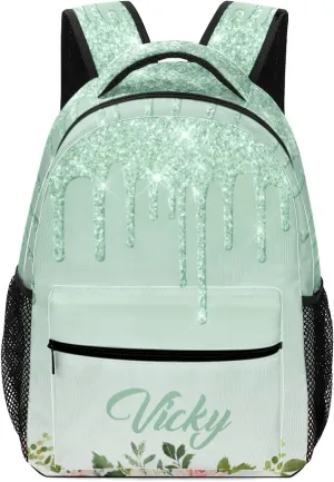 Floral Mint Green Glitter Drips Custom Kids Backpack 16.5 Inch for Boy Girl, Personalized Waterproof Child School Travel Bag with Name
