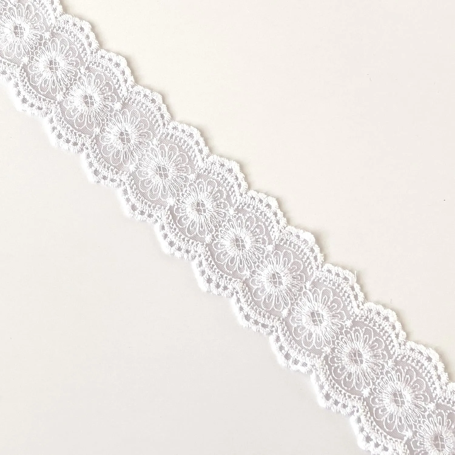 Floral Scallped Lace Trim with Mesh Ground, Off White - 3 Yards/Pack - 2" Width