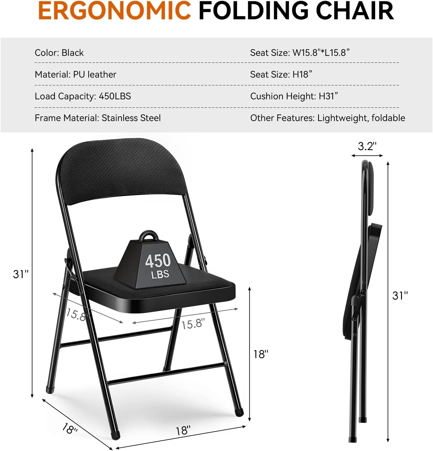 Folding Chairs with Cushion - Foldable Chairs 6 Pack Heavy Duty Steel Frame, 450lb Capacity Padded Seats for Indoor/Outdoor Parties, Compact Apartments Events (Black, 31" Height, 18" Seat)