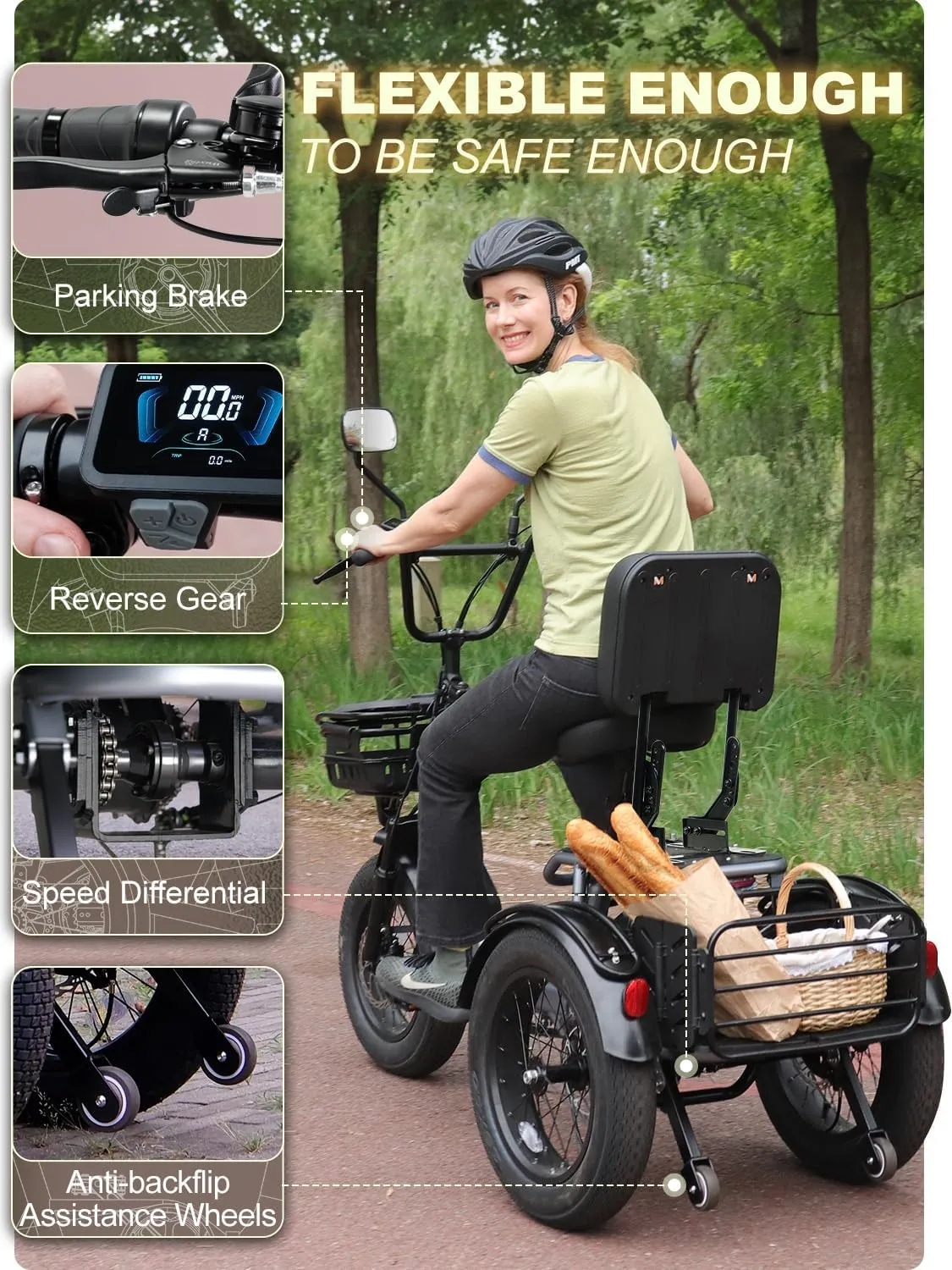 Folding Electric Tricycle for Adults, 1200W Electric Trike, 22MPH 100Miles 3 Wheel Electric Bike, Reverse Gear, Rear Differential, 450lbs Load, F&R Baskets, 4'' Wide Fat Tire, UL Certified