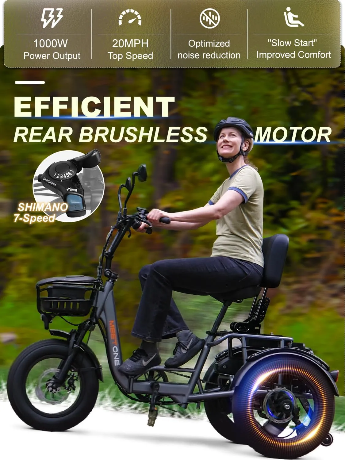 Folding Electric Tricycle for Adults, 1200W Electric Trike, 22MPH 100Miles 3 Wheel Electric Bike, Reverse Gear, Rear Differential, 450lbs Load, F&R Baskets, 4'' Wide Fat Tire, UL Certified