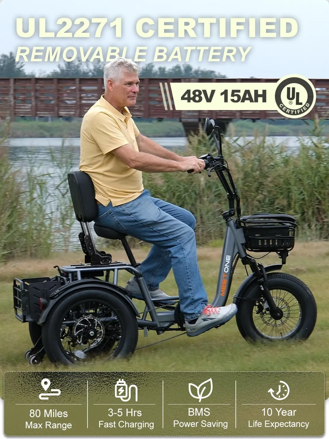 Folding Electric Tricycle for Adults, 1200W Electric Trike, 22MPH 100Miles 3 Wheel Electric Bike, Reverse Gear, Rear Differential, 450lbs Load, F&R Baskets, 4'' Wide Fat Tire, UL Certified