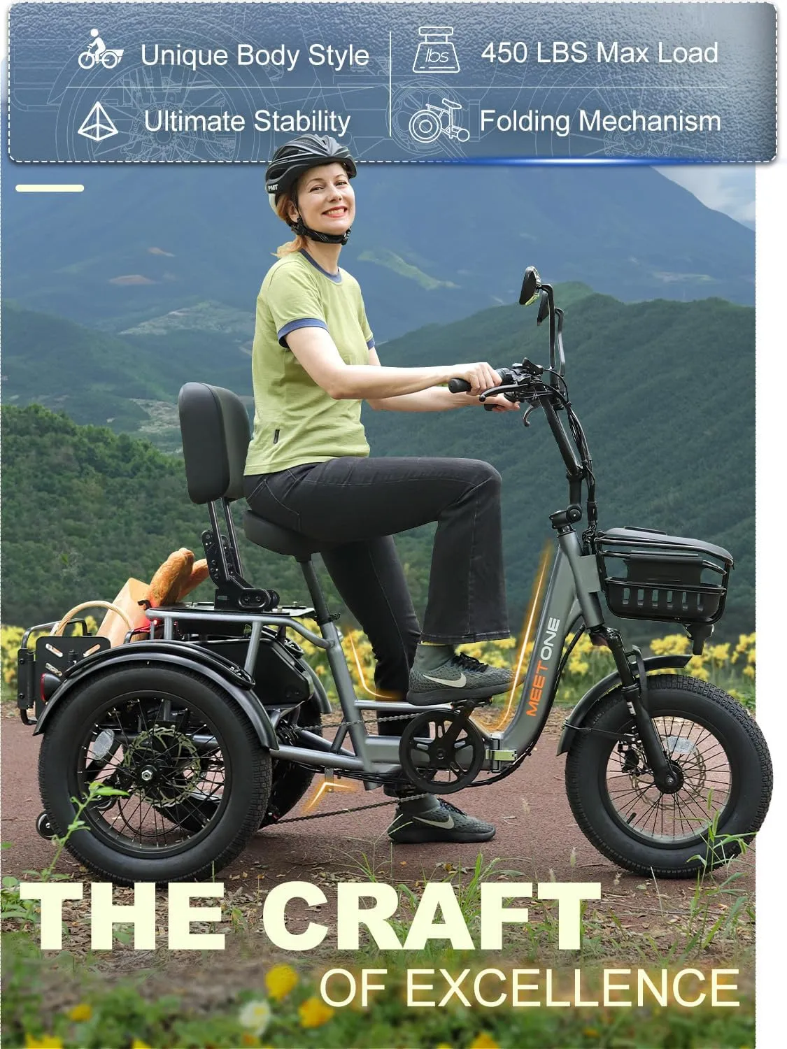 Folding Electric Tricycle for Adults, 1200W Electric Trike, 22MPH 100Miles 3 Wheel Electric Bike, Reverse Gear, Rear Differential, 450lbs Load, F&R Baskets, 4'' Wide Fat Tire, UL Certified