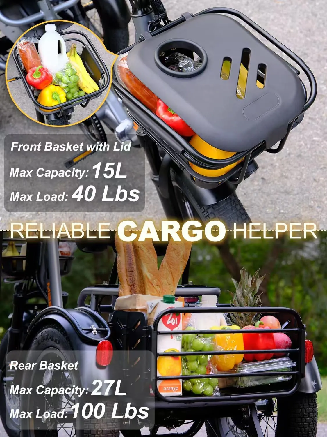 Folding Electric Tricycle for Adults, 1200W Electric Trike, 22MPH 100Miles 3 Wheel Electric Bike, Reverse Gear, Rear Differential, 450lbs Load, F&R Baskets, 4'' Wide Fat Tire, UL Certified
