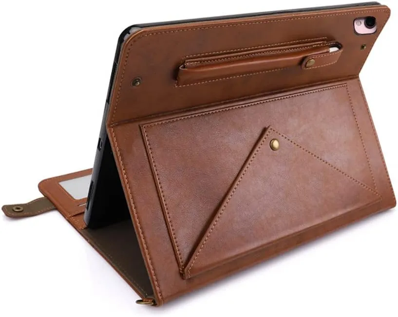 for iPad 9th/8th/7th Generation Crossbody Handbag Stand Case with Pencil Holder/Pockets [Shoulder Strap/Hand Strap] Magnetic Wallet Envelope Cover for iPad 10.2 inch 2021/2020/2019, Coffee