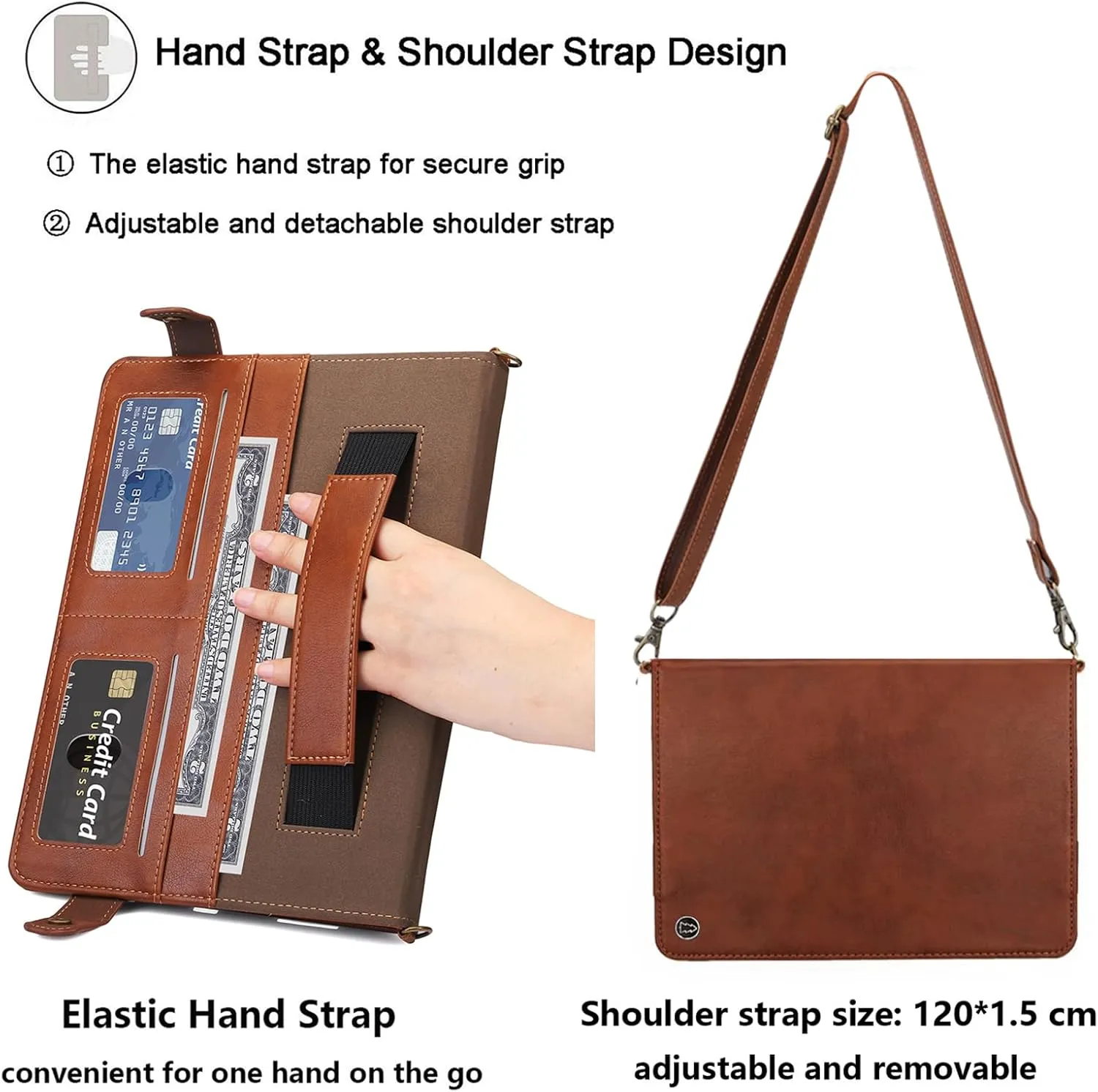 for iPad 9th/8th/7th Generation Crossbody Handbag Stand Case with Pencil Holder/Pockets [Shoulder Strap/Hand Strap] Magnetic Wallet Envelope Cover for iPad 10.2 inch 2021/2020/2019, Coffee