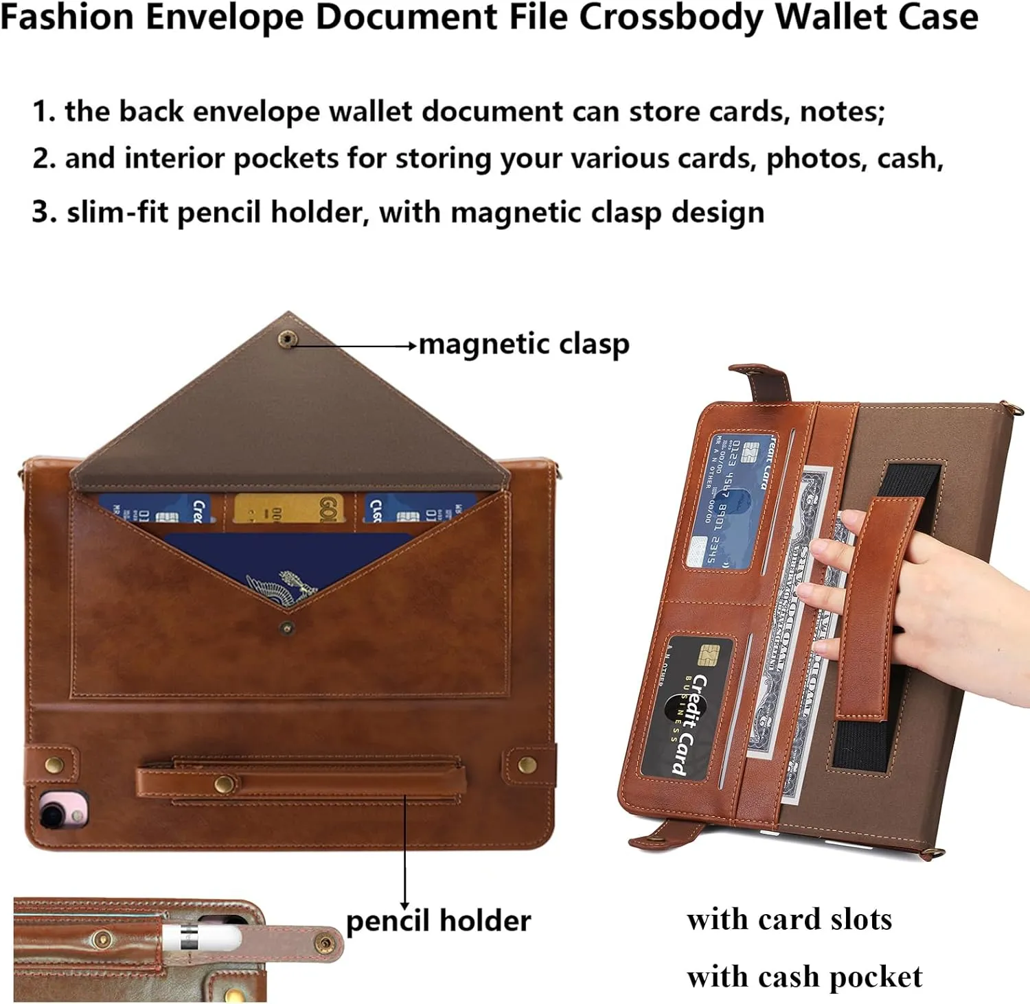 for iPad 9th/8th/7th Generation Crossbody Handbag Stand Case with Pencil Holder/Pockets [Shoulder Strap/Hand Strap] Magnetic Wallet Envelope Cover for iPad 10.2 inch 2021/2020/2019, Coffee