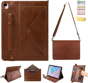 for iPad 9th/8th/7th Generation Crossbody Handbag Stand Case with Pencil Holder/Pockets [Shoulder Strap/Hand Strap] Magnetic Wallet Envelope Cover for iPad 10.2 inch 2021/2020/2019, Coffee