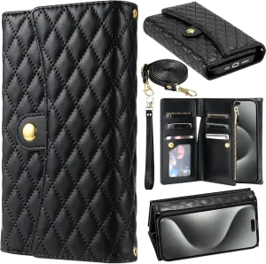 for iPhone 16 Crossbody Wallet Style Leather Phone Case Purse Bag, Classic Rhombus Plaid Triple-Fold Flip Cover, Multi Card Holder Slot, Magnetic Closure, Hand Lanyard   Shoulder Strap