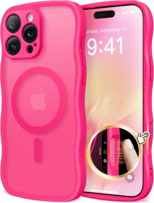 for iPhone 16 Pro Case for Women Girls, Upgraded [Full Camera Protection] [Compatible with MagSafe] Cute Wave Translucent Matte Phone Case for iPhone 16 Pro, Hot Pink