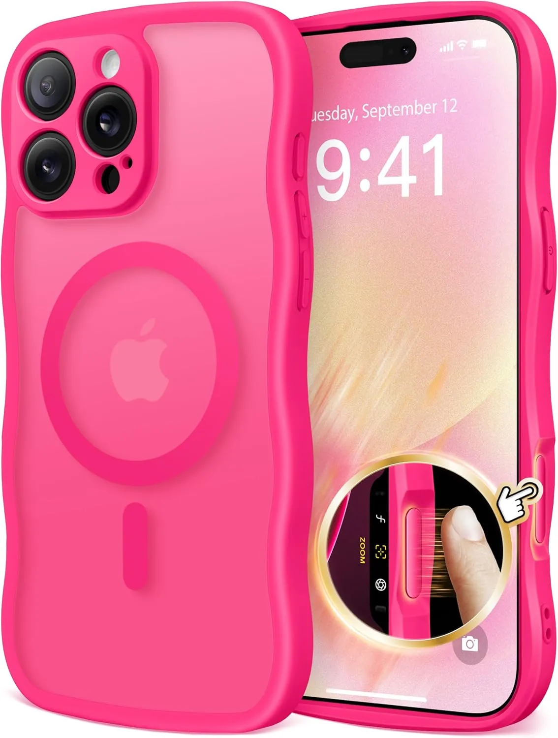 for iPhone 16 Pro Case for Women Girls, Upgraded [Full Camera Protection] [Compatible with MagSafe] Cute Wave Translucent Matte Phone Case for iPhone 16 Pro, Hot Pink