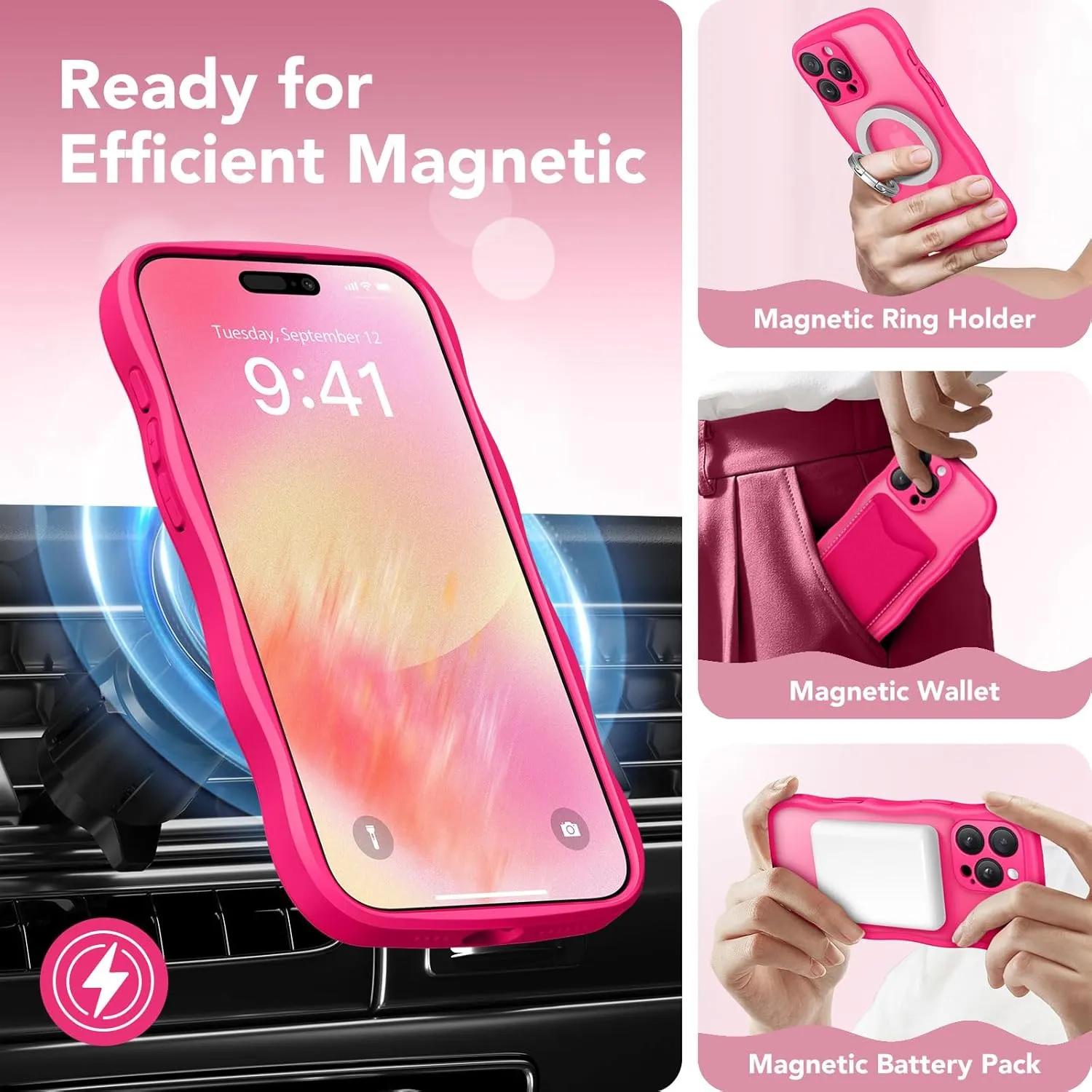 for iPhone 16 Pro Case for Women Girls, Upgraded [Full Camera Protection] [Compatible with MagSafe] Cute Wave Translucent Matte Phone Case for iPhone 16 Pro, Hot Pink