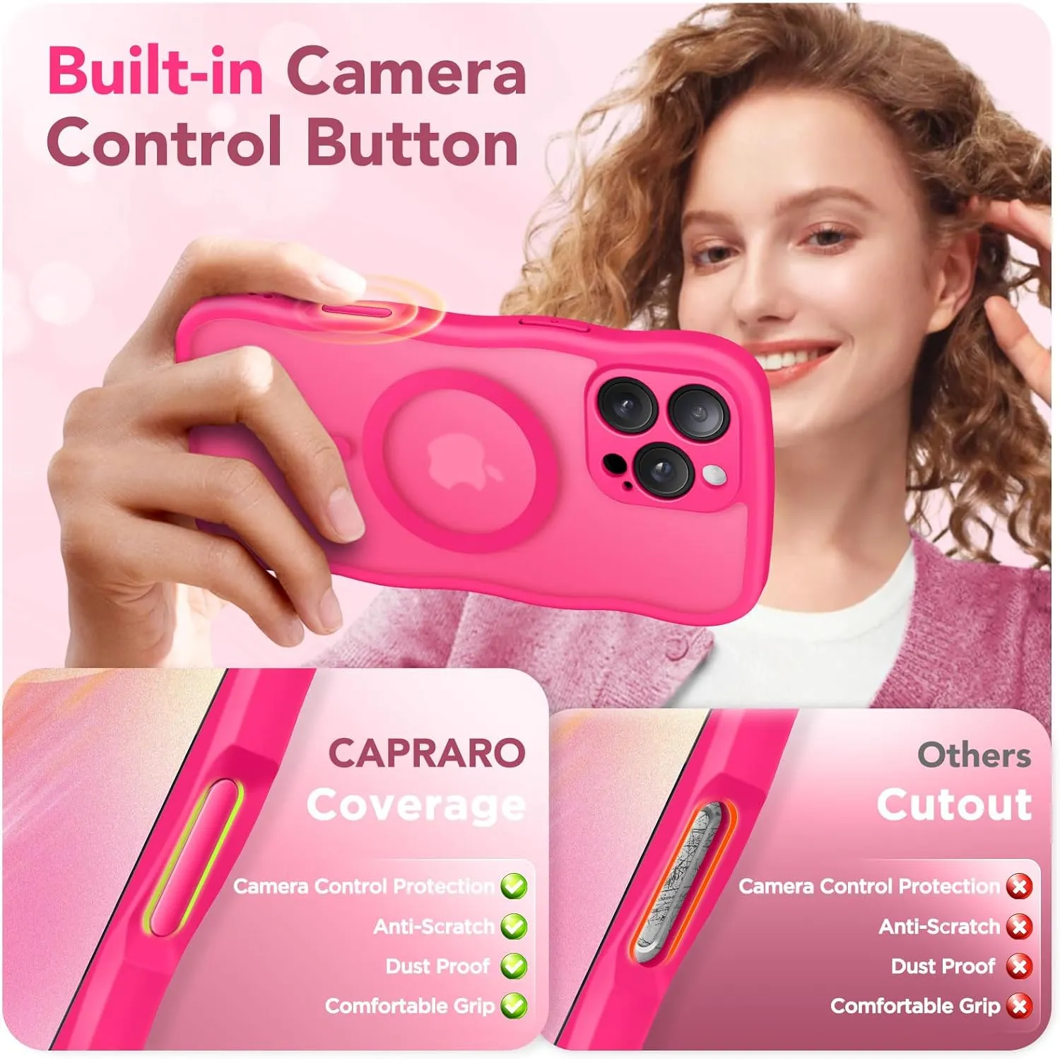 for iPhone 16 Pro Case for Women Girls, Upgraded [Full Camera Protection] [Compatible with MagSafe] Cute Wave Translucent Matte Phone Case for iPhone 16 Pro, Hot Pink