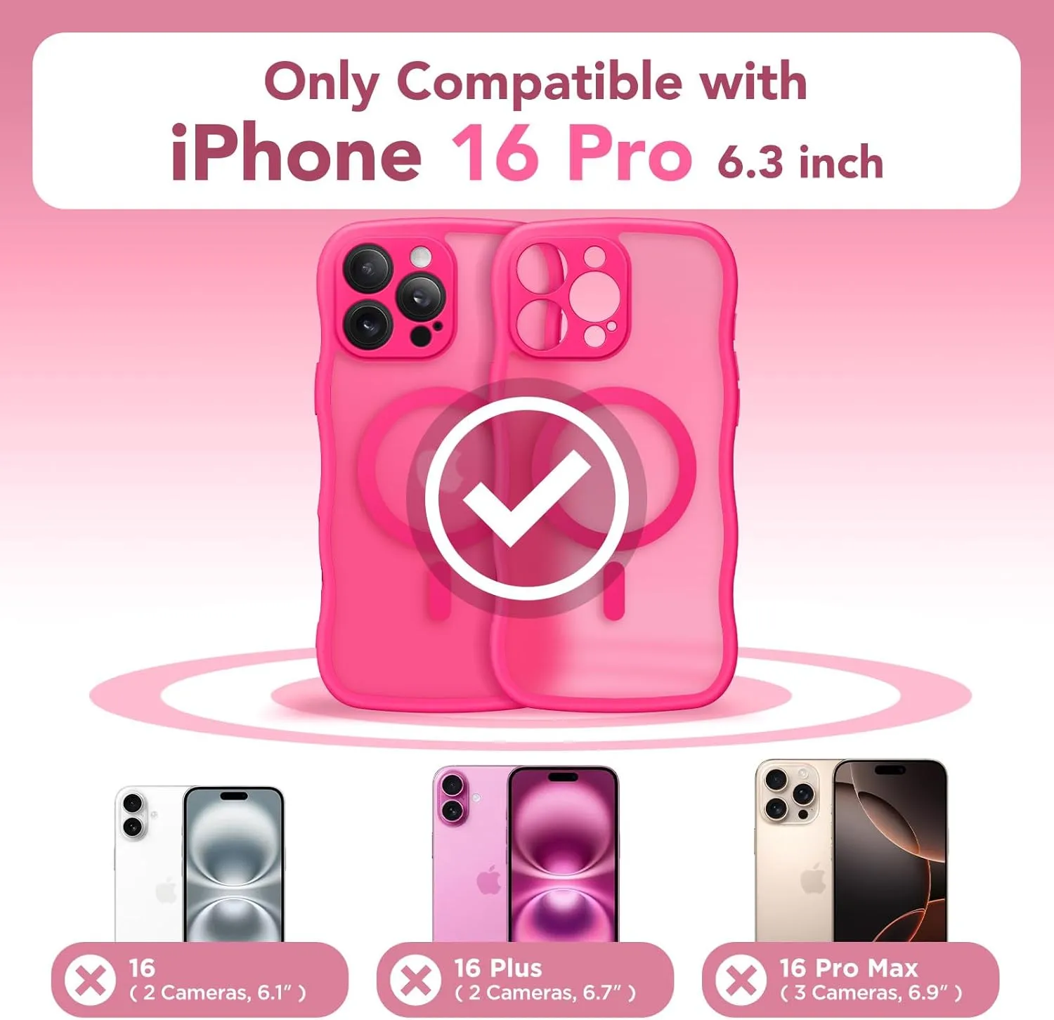 for iPhone 16 Pro Case for Women Girls, Upgraded [Full Camera Protection] [Compatible with MagSafe] Cute Wave Translucent Matte Phone Case for iPhone 16 Pro, Hot Pink