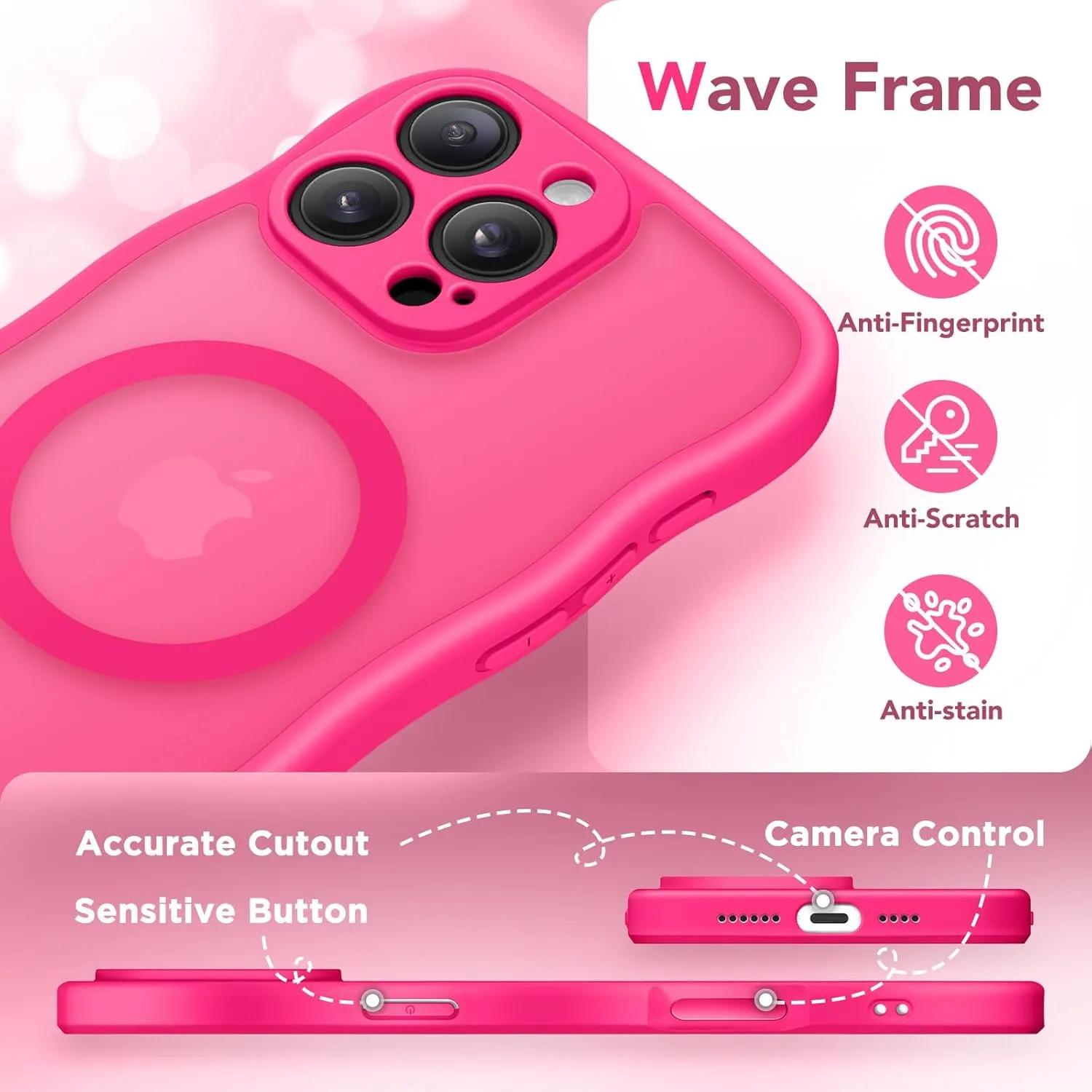 for iPhone 16 Pro Case for Women Girls, Upgraded [Full Camera Protection] [Compatible with MagSafe] Cute Wave Translucent Matte Phone Case for iPhone 16 Pro, Hot Pink
