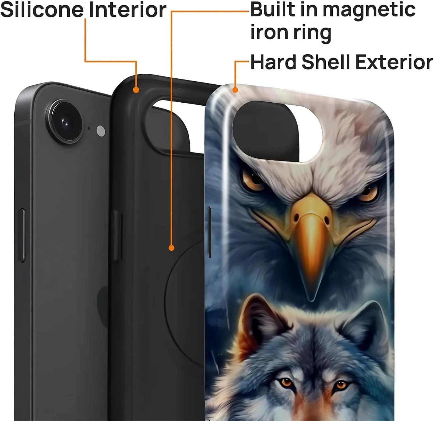 for iPhone 16e Case, Hybrid 2-Layer Silicone Protective Glossy Case for MagSafe for iPhone 16e Bald Eagle Wolf Gray Pattern
