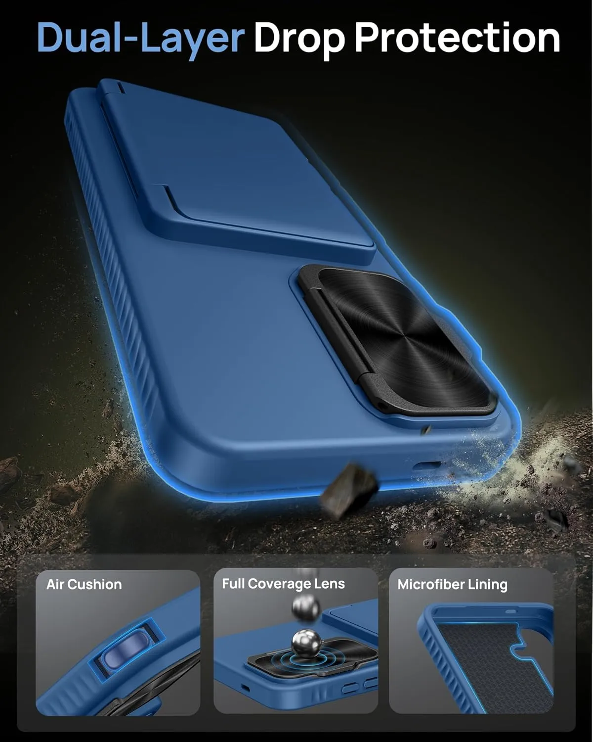 for Samsung Galaxy S25  Plus Case with Card Holder, Built-in Stand & Camera Lens Cover, Shockproof Rugged Silicone Raised Edge Protective Wallet Phone Case for Samsung S25  Plus 2025, Blue