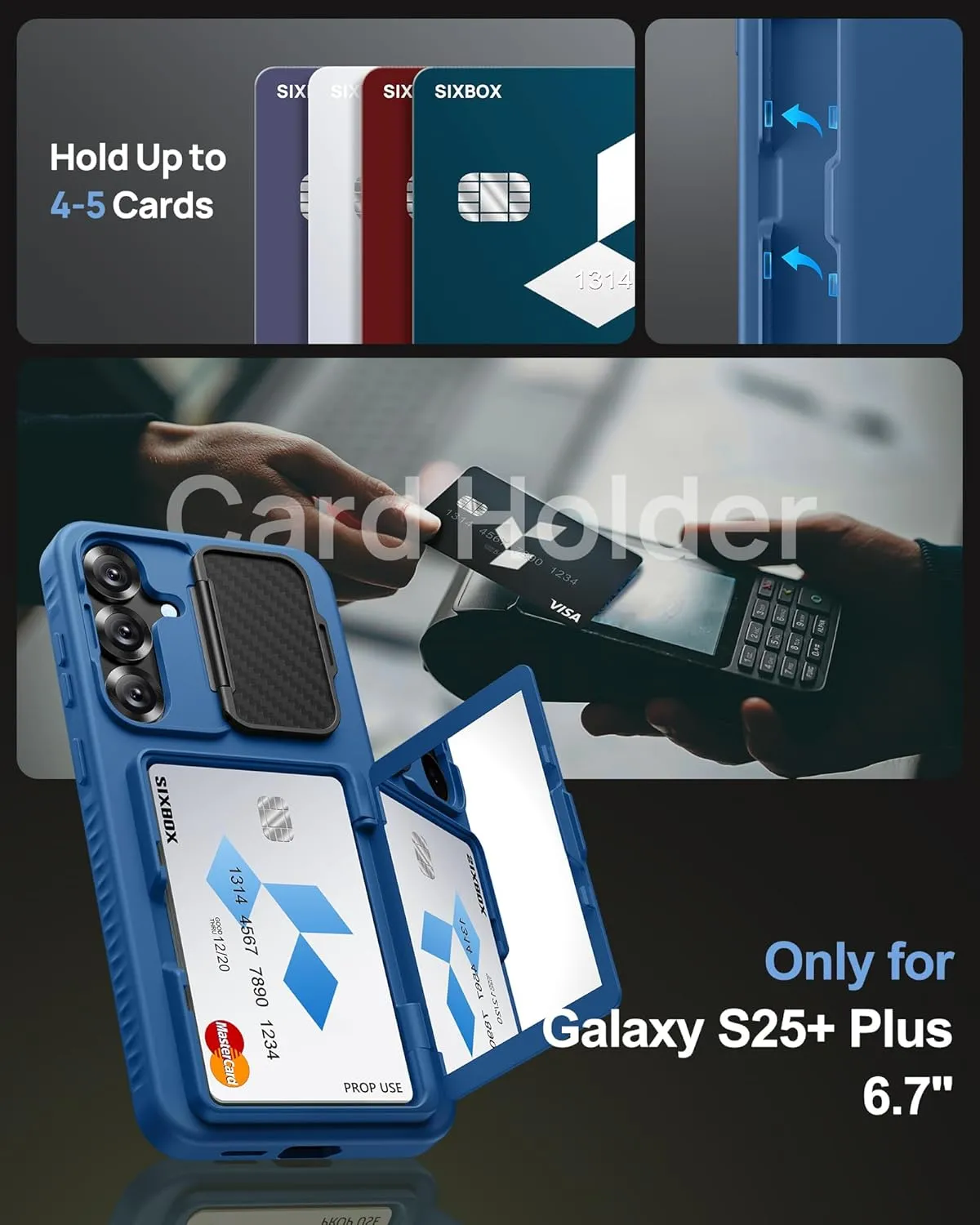 for Samsung Galaxy S25  Plus Case with Card Holder, Built-in Stand & Camera Lens Cover, Shockproof Rugged Silicone Raised Edge Protective Wallet Phone Case for Samsung S25  Plus 2025, Blue