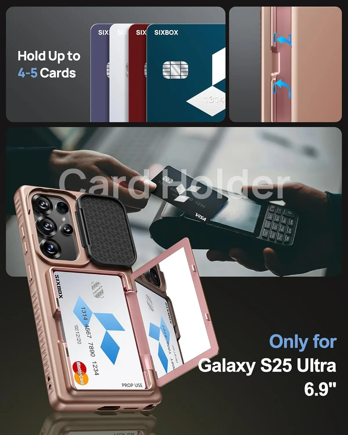 for Samsung Galaxy S25 Ultra Case with Card Holder & Camera Lens Cover Stand, Military Grade Drop Protection Shockproof Rugged Stand Wallet Protective Phone Case for S25 Ultra 2025, Rose Gold