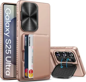 for Samsung Galaxy S25 Ultra Case with Card Holder & Camera Lens Cover Stand, Military Grade Drop Protection Shockproof Rugged Stand Wallet Protective Phone Case for S25 Ultra 2025, Rose Gold