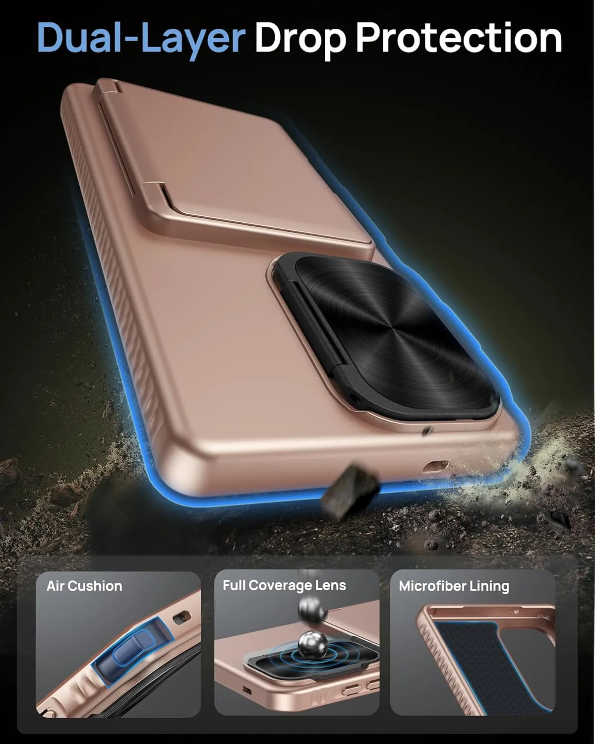 for Samsung Galaxy S25 Ultra Case with Card Holder & Camera Lens Cover Stand, Military Grade Drop Protection Shockproof Rugged Stand Wallet Protective Phone Case for S25 Ultra 2025, Rose Gold