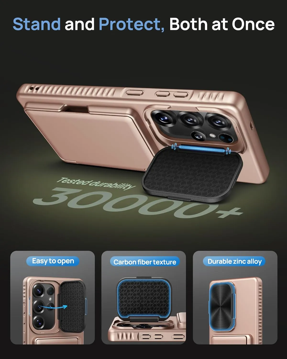 for Samsung Galaxy S25 Ultra Case with Card Holder & Camera Lens Cover Stand, Military Grade Drop Protection Shockproof Rugged Stand Wallet Protective Phone Case for S25 Ultra 2025, Rose Gold