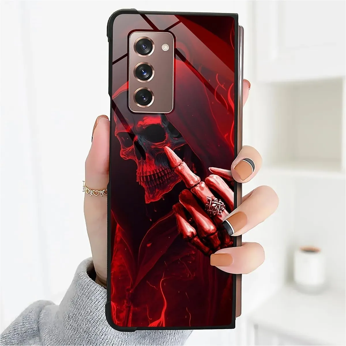 for Samsung Galaxy Z Fold 2 5G Case, Gestures Funny Skull Pattern Graphic Design Girl Boy Soft Silicone Hard Acrylic Shock Protection for Samsung Galaxy Z Fold 2 5G
