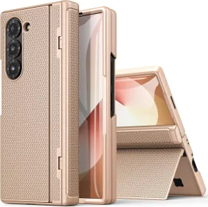 for Samsung Galaxy Z Fold 6 Case, Slim Fit with Kickstand, Front Screen Protector & Hinge Protection, Rugged Hard 360° Full Body Cover Protective Phone Case for Samsung Z Fold 6 5g 2024, Gold
