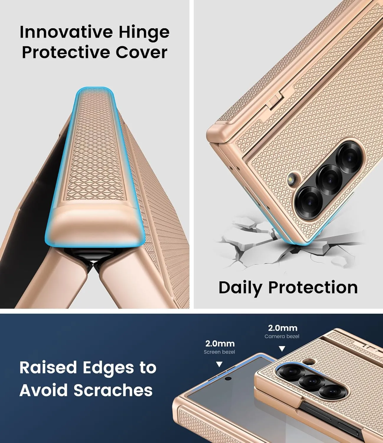 for Samsung Galaxy Z Fold 6 Case, Slim Fit with Kickstand, Front Screen Protector & Hinge Protection, Rugged Hard 360° Full Body Cover Protective Phone Case for Samsung Z Fold 6 5g 2024, Gold