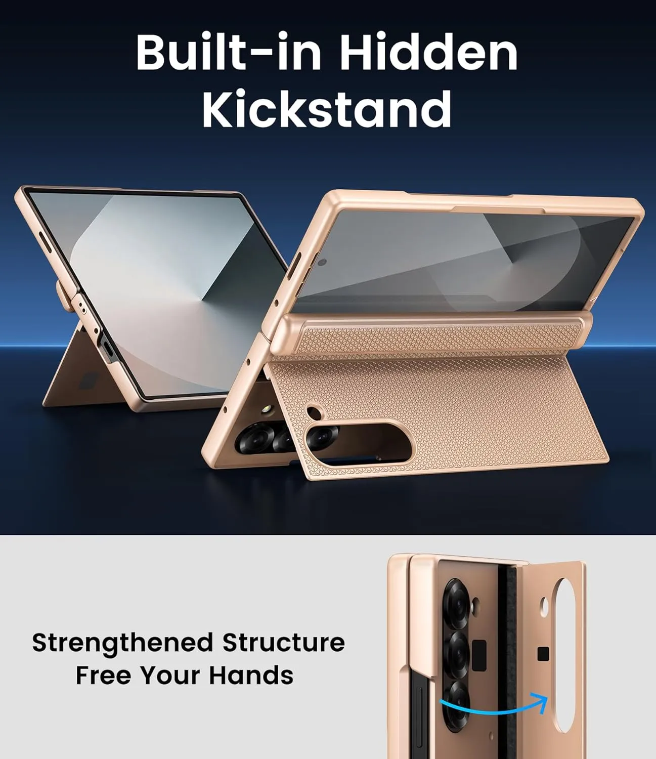 for Samsung Galaxy Z Fold 6 Case, Slim Fit with Kickstand, Front Screen Protector & Hinge Protection, Rugged Hard 360° Full Body Cover Protective Phone Case for Samsung Z Fold 6 5g 2024, Gold
