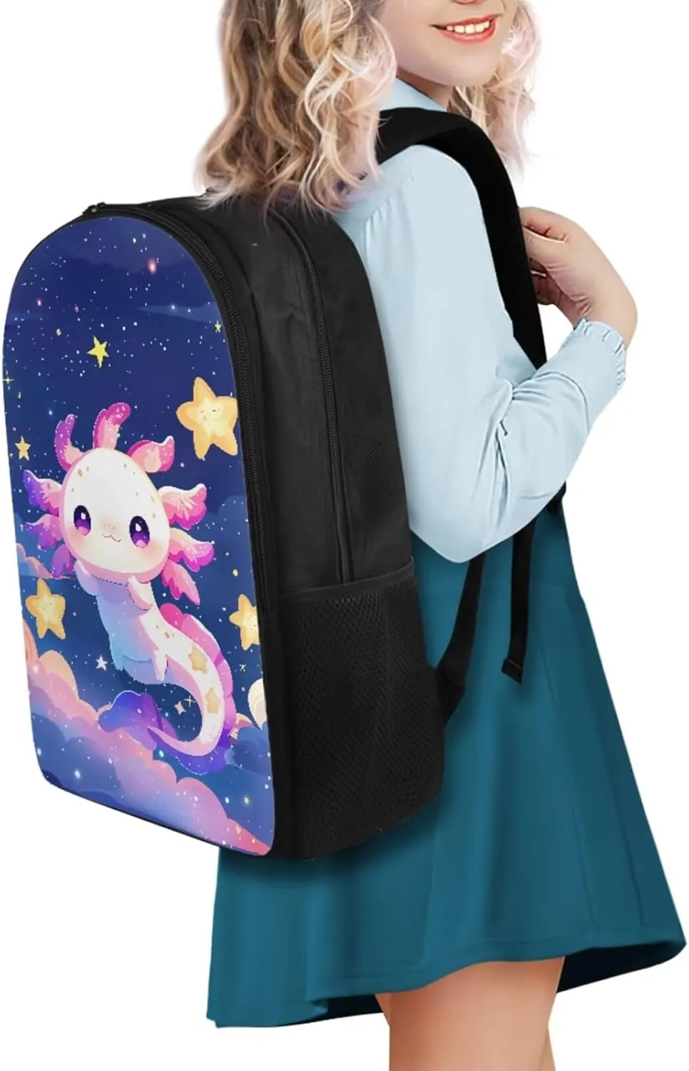 FOR U DESIGNS Axolotl Backpack Set of 4 Kawaii Lightweight Girls School Bags with Lunch Bag Age 8 Cute Large Capacity 4th Grade Bookbag Cute Book Bags for Kids