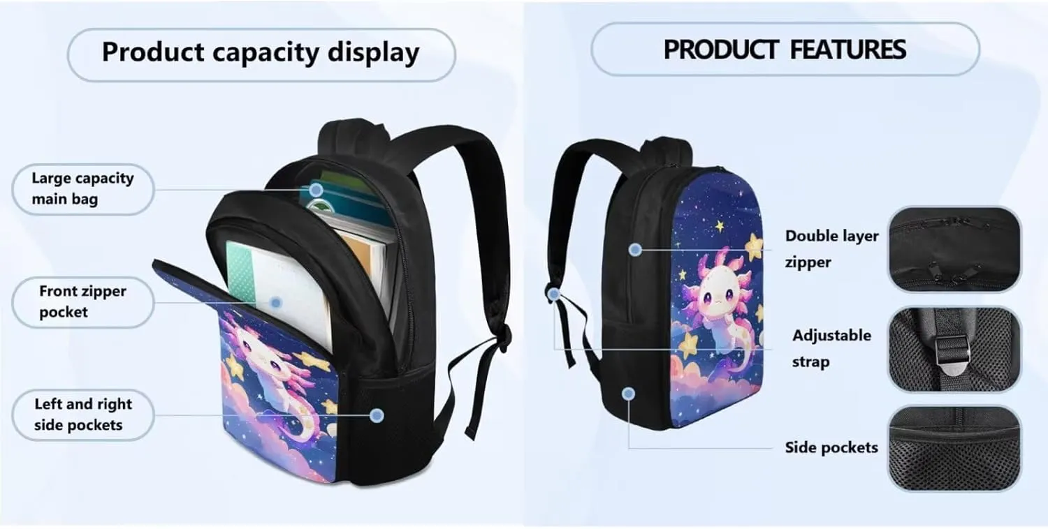 FOR U DESIGNS Axolotl Backpack Set of 4 Kawaii Lightweight Girls School Bags with Lunch Bag Age 8 Cute Large Capacity 4th Grade Bookbag Cute Book Bags for Kids