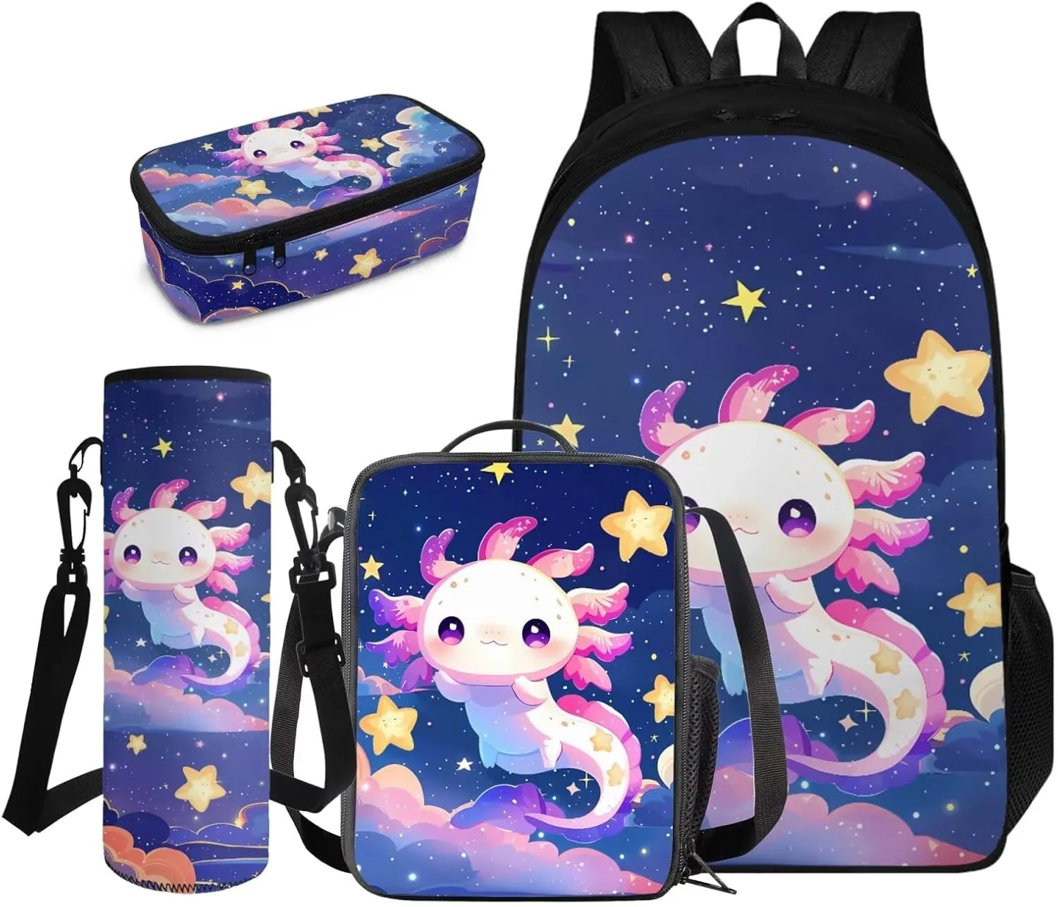 FOR U DESIGNS Axolotl Backpack Set of 4 Kawaii Lightweight Girls School Bags with Lunch Bag Age 8 Cute Large Capacity 4th Grade Bookbag Cute Book Bags for Kids
