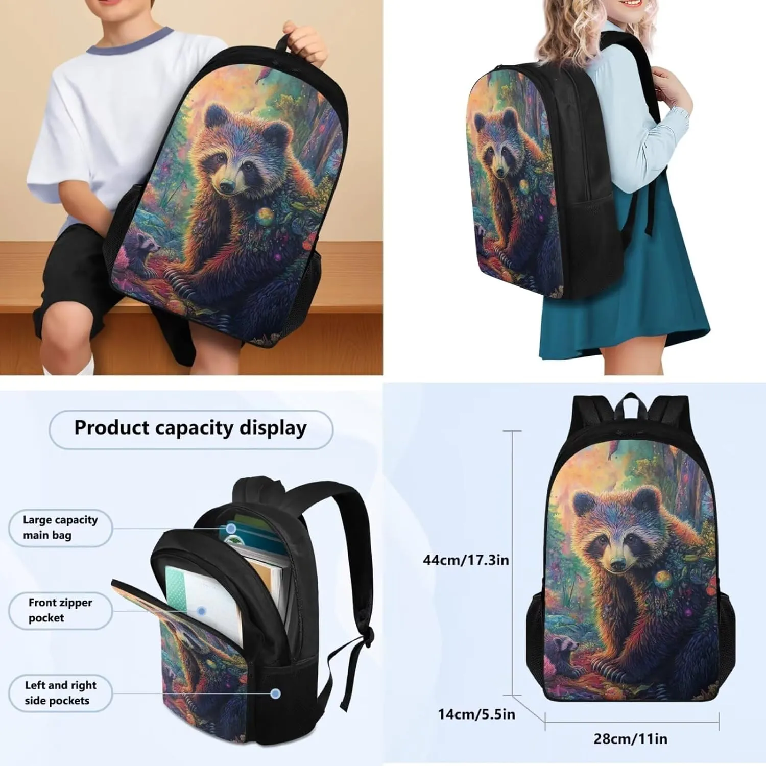 FOR U DESIGNS Bear Backpack for Kids 17 Inch Cute School Backpacks with Lunchbox Large Capacity Kindergarten Bookbag Set for School 4 Piece Travel Rucksack